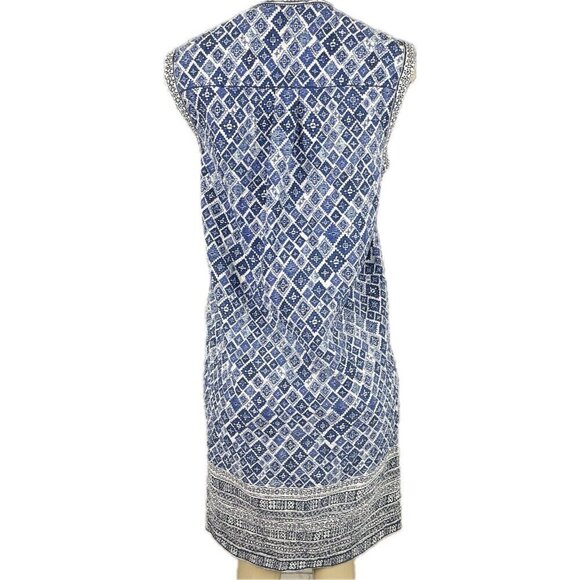 Studio M S Blue Geometric Print Split Neckline Mandarin Collar Sleeveless Dress - Picture 4 of 6